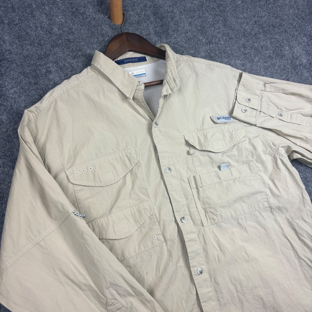Columbia PFG Bonehead Fishing Shirt Mens Large Tan Khaki Long Sleeve Cotton 2068